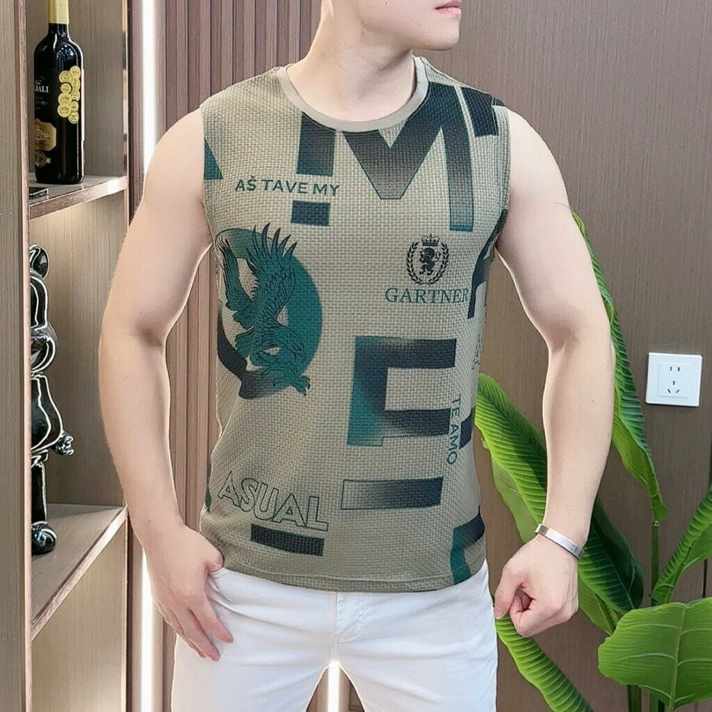 薄款運動背心 上衣 背心 高階夏季休閒男士字母印花透氣潮流無袖新款背心運動薄款上衣 韓版男裝 春夏秋男裝 春夏裝