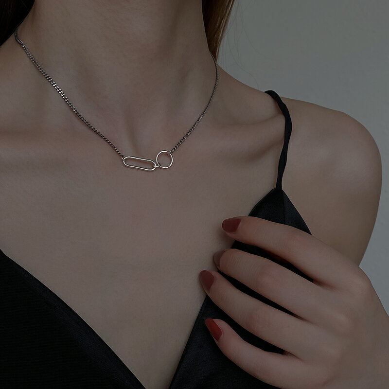 925純銀幾何圓圈項鏈女年新款復古做舊鎖骨鏈泰銀嘻哈頸鏈潮 4