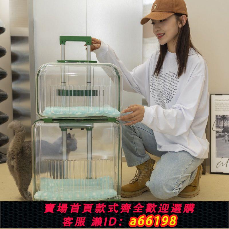 【臺灣公司 可開發票】寵物拉桿箱外出便攜貓包大容量兩只貓咪行李箱透明雙層狗狗小推車