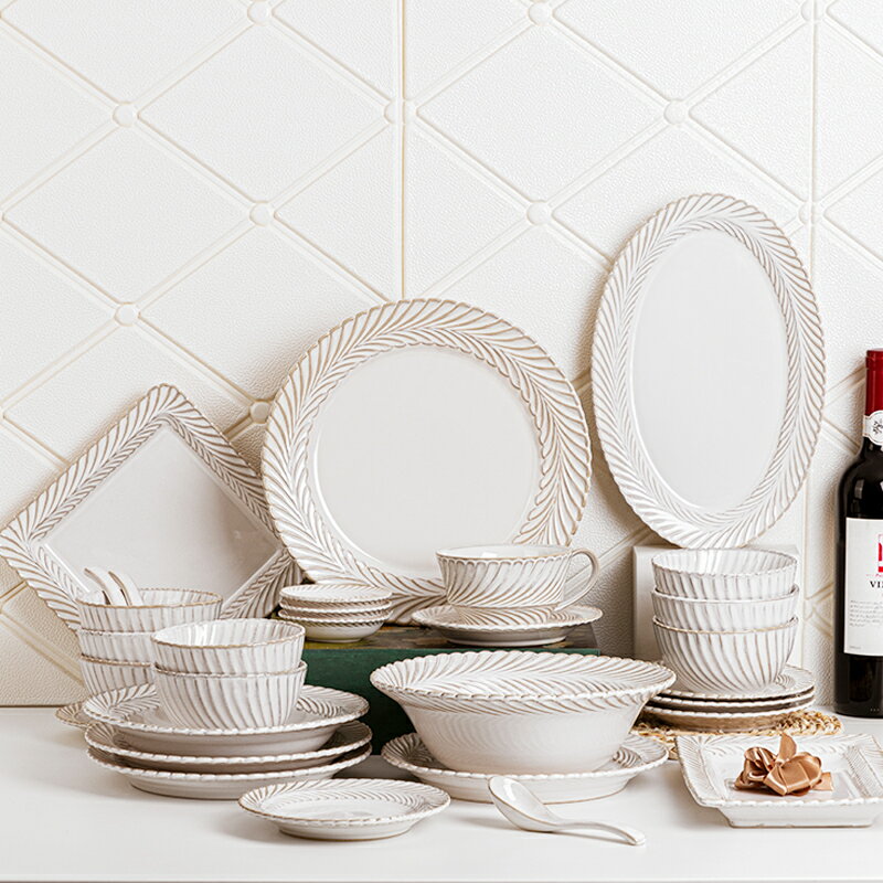 北歐含羞草碗碟套裝日式輕奢陶瓷魚盤家用復古網紅餐具組合碗碟盤