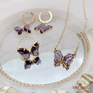 新款潮紫水晶耳環 女網紅 甜美蝴蝶耳環 項鍊 戒指 三件組