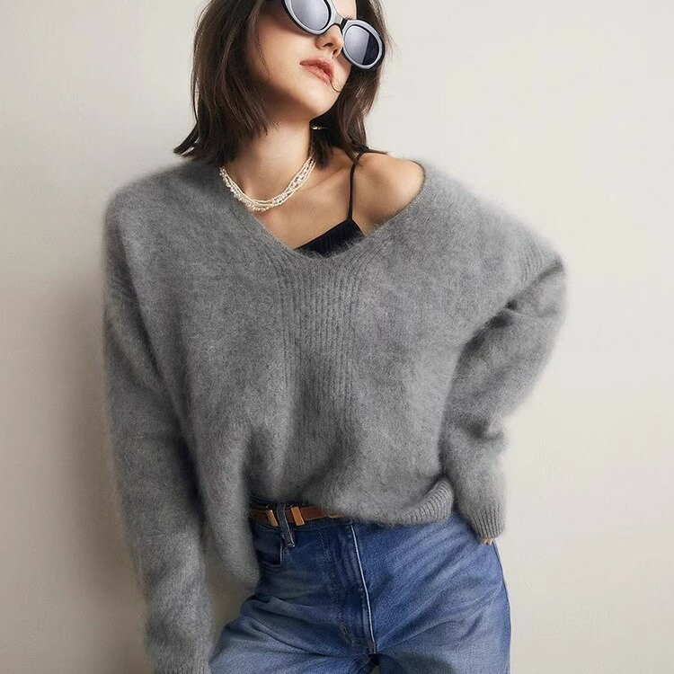 女裝 女上衣 女裝 衣服 毛衣 寬鬆上衣  高階感軟糯仿水貂絨v領毛衣女秋冬季時尚慵懶風奶fufu針織衫上衣 治裝激推 4