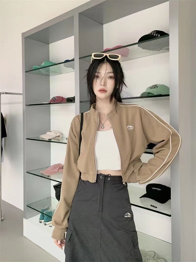 短款外套長袖外套運動外套女辣妹修身休閒美式正肩上衣拉鏈開衫衣秋季