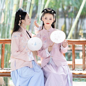 中國風傳統日常漢服女裝立領雙層對襟上襖印花襖裙套裝閨蜜姐妹裝1入