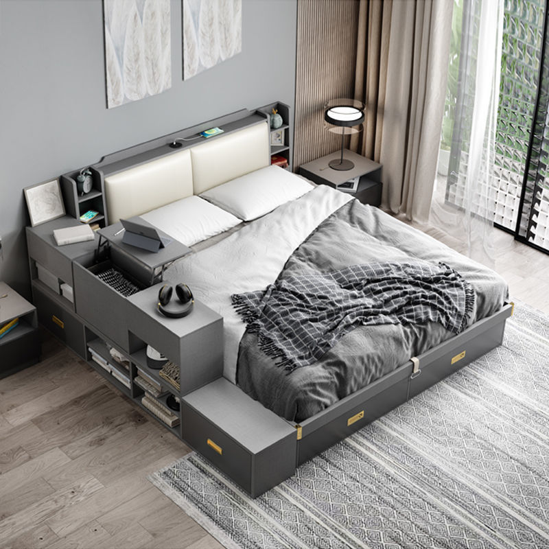 北歐主臥床現代簡約高箱床1.8板式床一米五收納帶邊柜儲物床