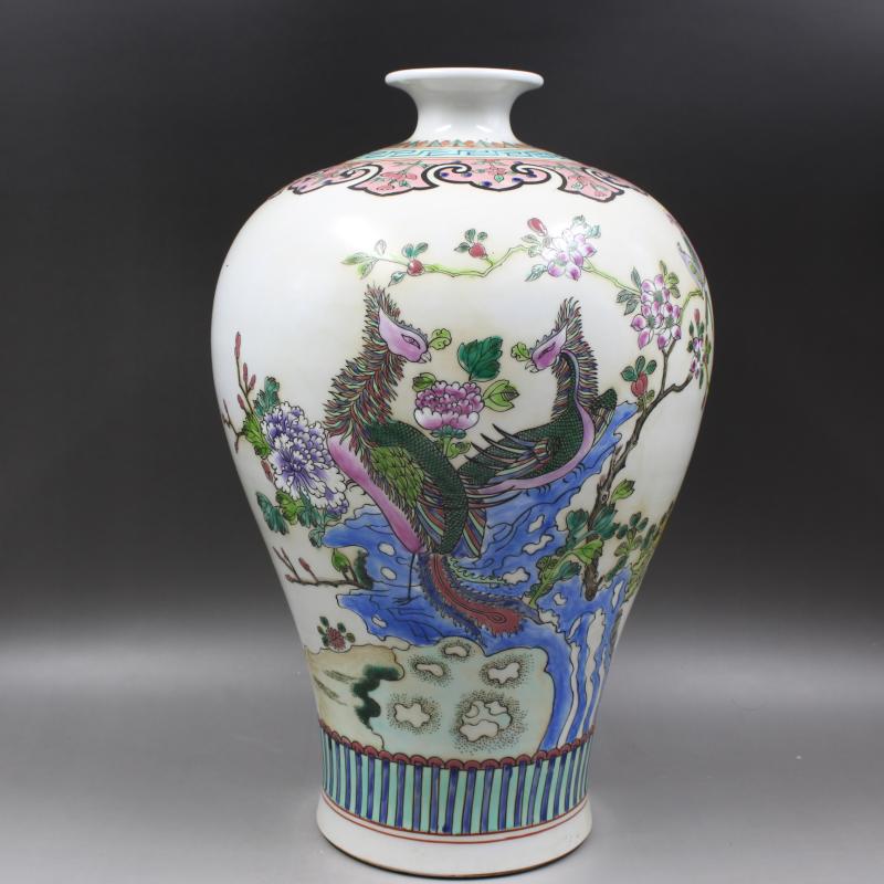 中国美術 珊瑚釉 花鳥 瓶 高34cm 雍正年製(K-LC201) 中国美術 古玩清康煕年製花鳥瓶 工芸品
