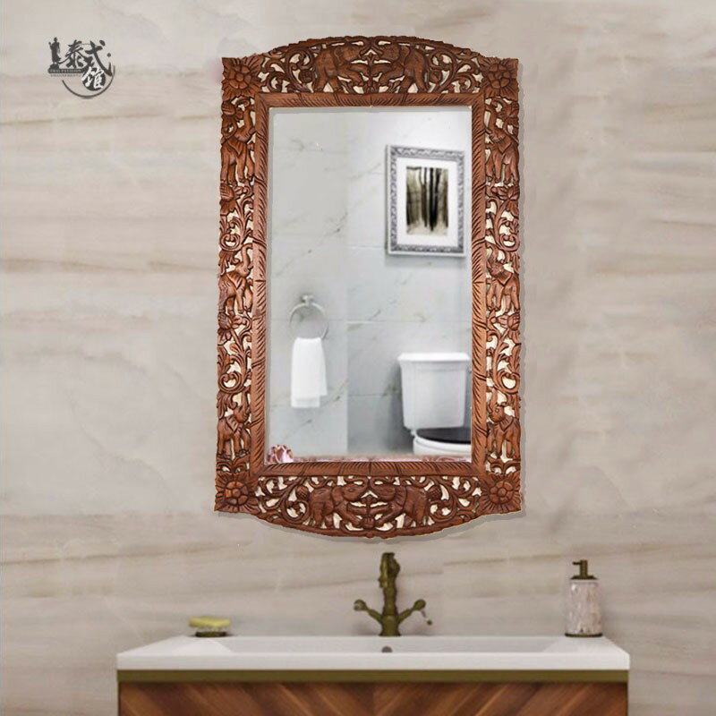 泰國實木大象浴室鏡框衛生間掛鏡壁掛式木質長方形梳妝鏡化妝鏡子