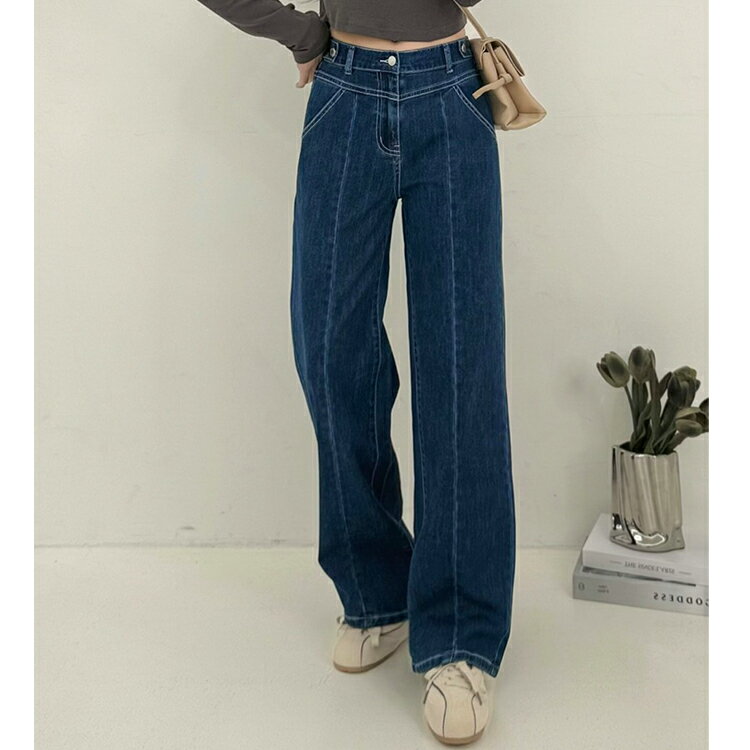 造型釦中線牛仔寬褲(S-3L)【B370522】