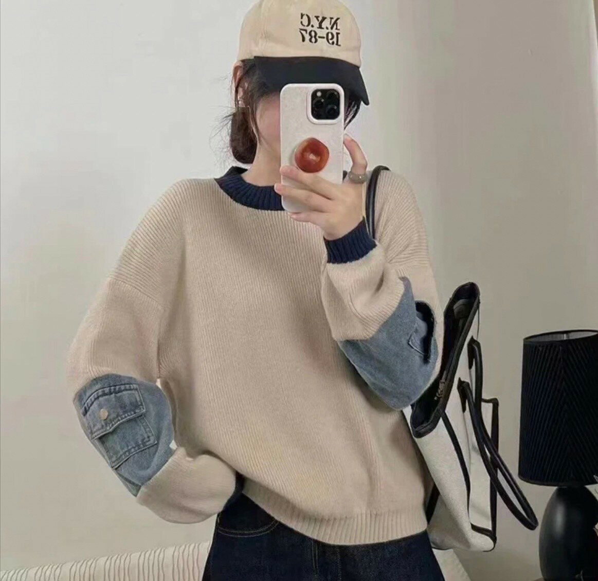 拼接牛仔個性風配色毛衣-2色 【B393265】