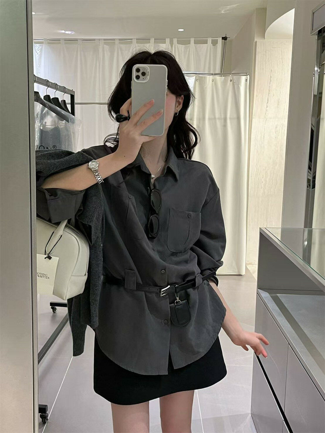 蜜桃絨雙口袋腰包收腰襯衫-4色 【B393269】