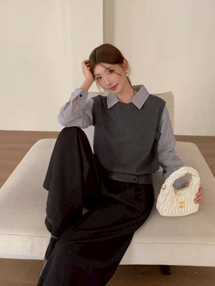 拼接條紋假二件針織上衣-4色 【B393273】