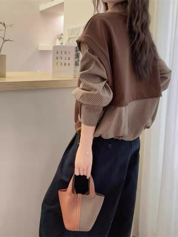 米尼棉拼接格子假二件上衣-2色【B393276】