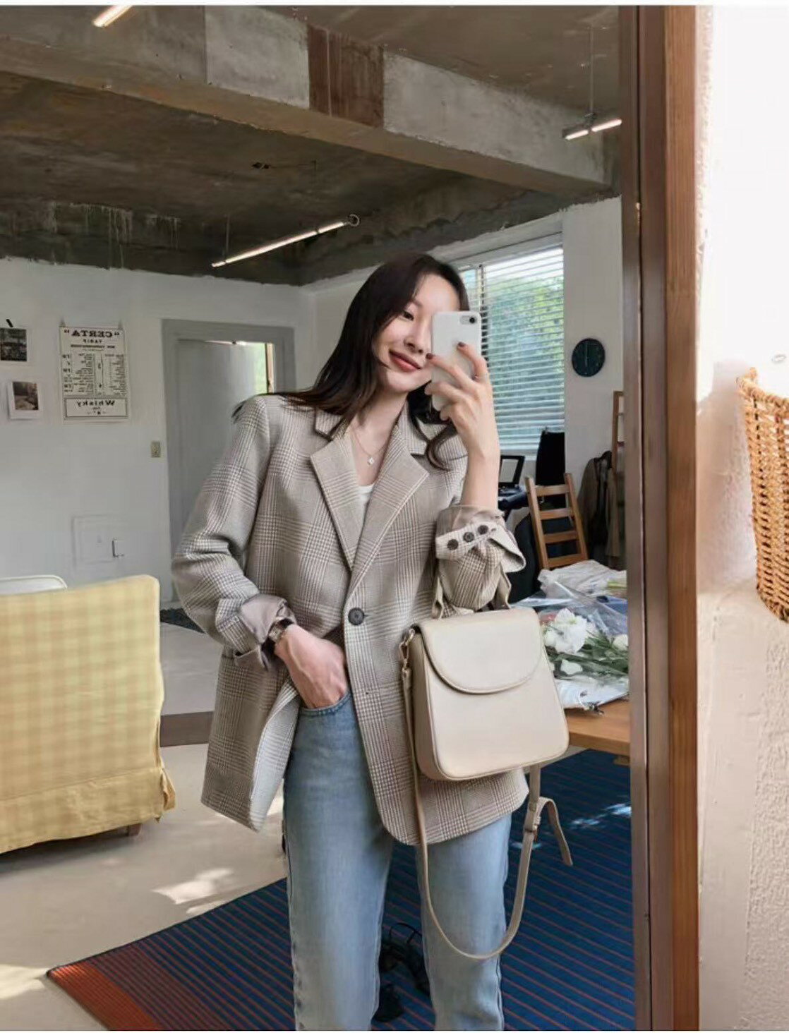 帥氣毛呢格子西裝外套 【B393277】