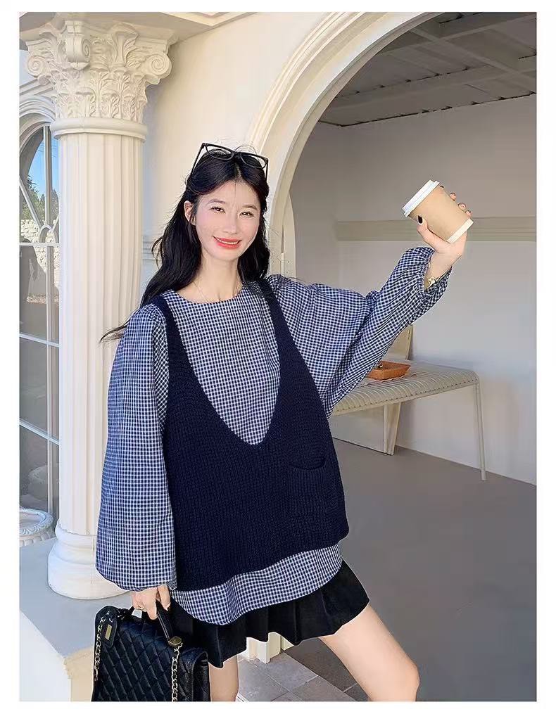 格子上衣針織背心2件組-2色 【B393278】