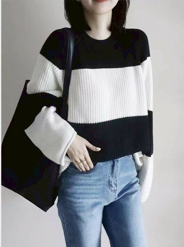 復古慵懶寬鬆配色減齡毛衣【B393279】