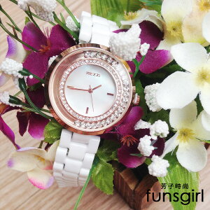 玫瑰金框滑動水鑽質感陶瓷手錶~funsgirl芳子時尚【B230028】