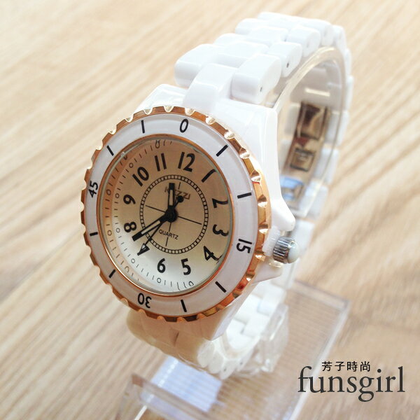 顯示時/分數字金框白色陶瓷錶帶手錶腕錶~funsgirl芳子時尚【B230034】
