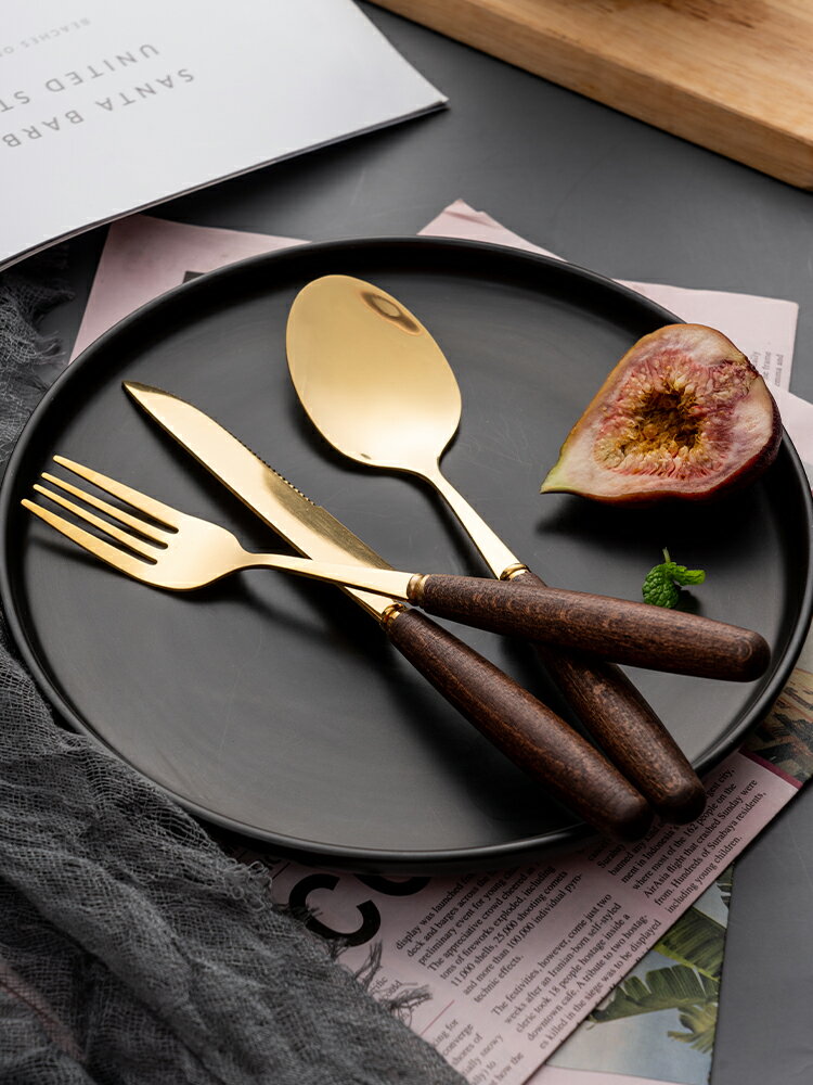 西餐餐具刀叉勺套裝木柄網紅金色牛排刀叉家用不銹鋼刀叉