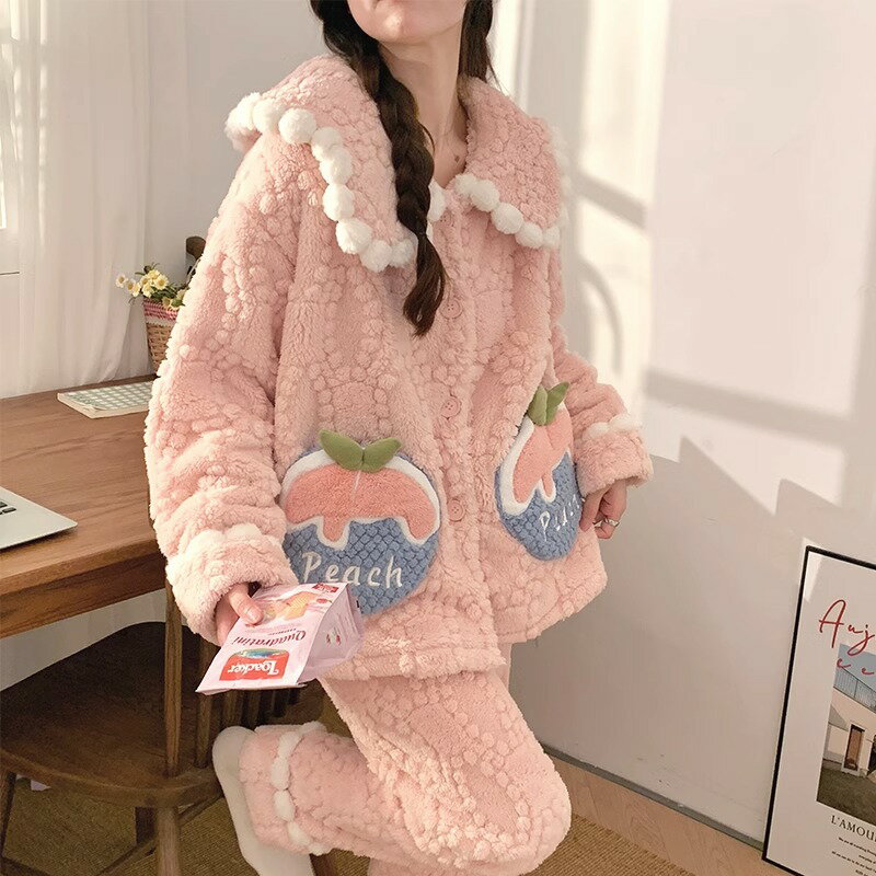 睡衣女珊瑚絨秋冬季加絨加厚法蘭絨冬天可外穿家居服套裝【繁星小鎮】