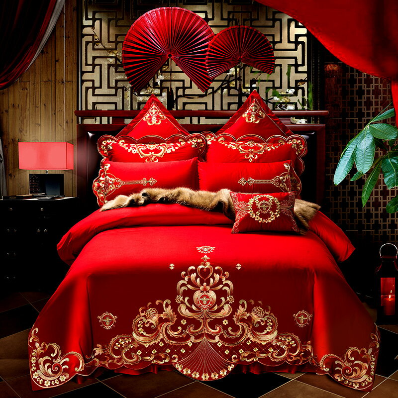 全棉結婚刺繡花四件套大紅新婚慶床單床蓋1.8m六八件套純棉被套2m