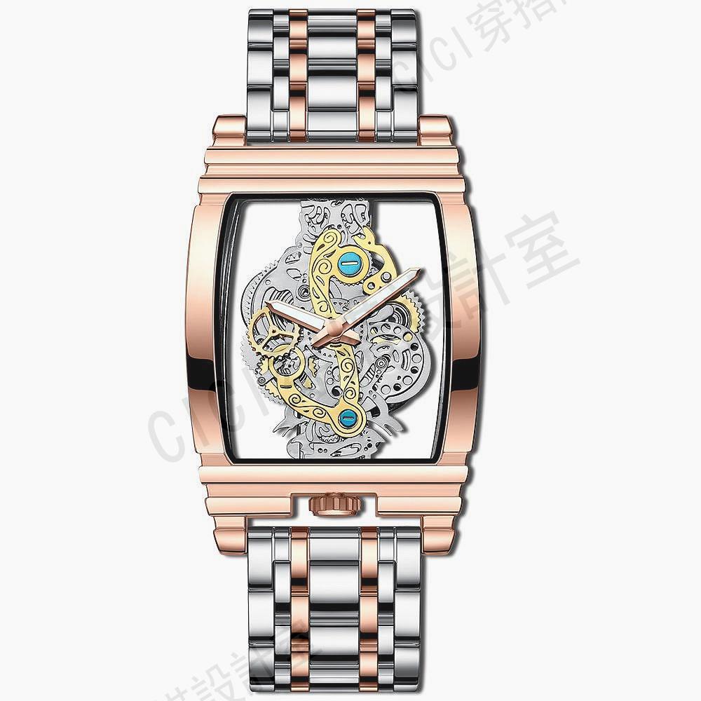 時尚酒桶表 夜光防水手錶 機車齒輪條形鏤空石英錶 陀飛輪真皮手錶男生 潮流酒桶型男錶【亞德機械五金家居】 3