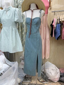 韓國夏裝性感吊帶連身裙修身顯瘦開叉牛仔長裙子洋裝女