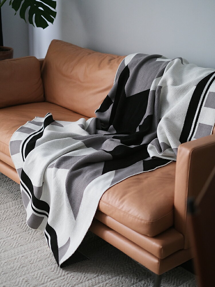北歐簡約風幾何黑白灰針織毛線沙發休閑裝飾蓋毯空調毯午睡毛毯厚