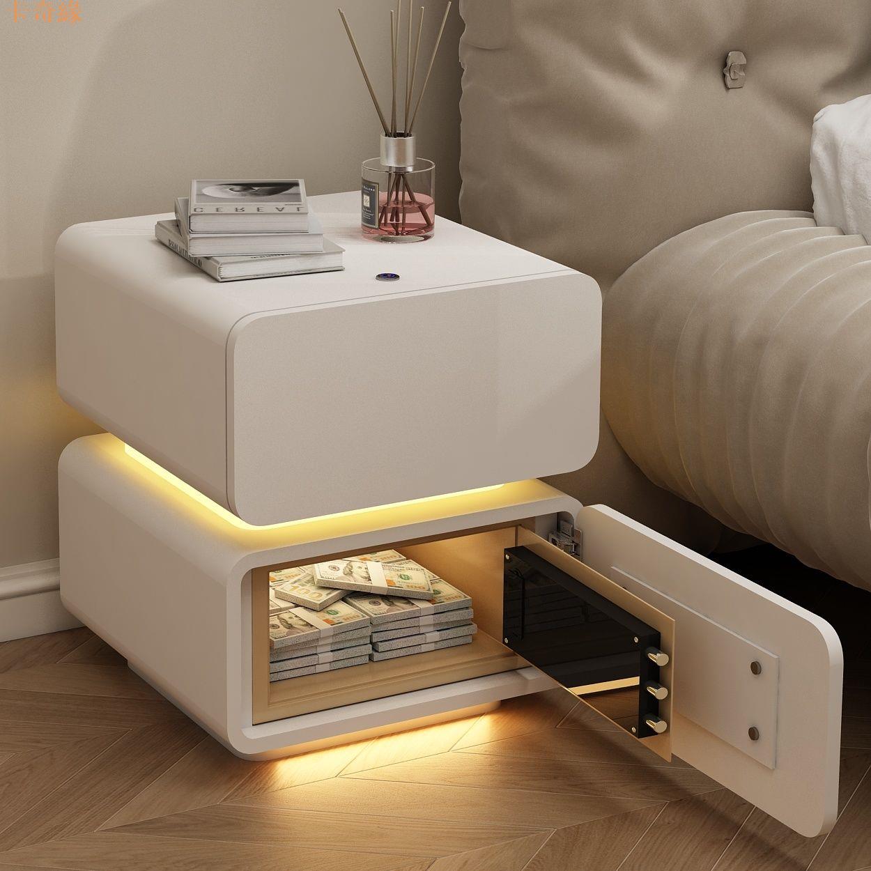 奶油風床頭柜帶保險箱簡約現代創意帶燈小柜子實木臥室床頭收納柜