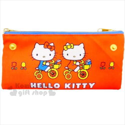 〔小禮堂〕Hello Kitty 雙拉鍊扁平筆袋《紅.雙面.扣子.騎腳踏車》化妝包