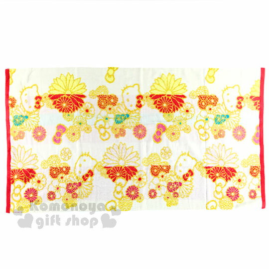 <br/><br/>  〔小禮堂〕Hello Kitty 大浴巾《黃紅.和風菊花.大臉.60x120cm》100%純棉<br/><br/>