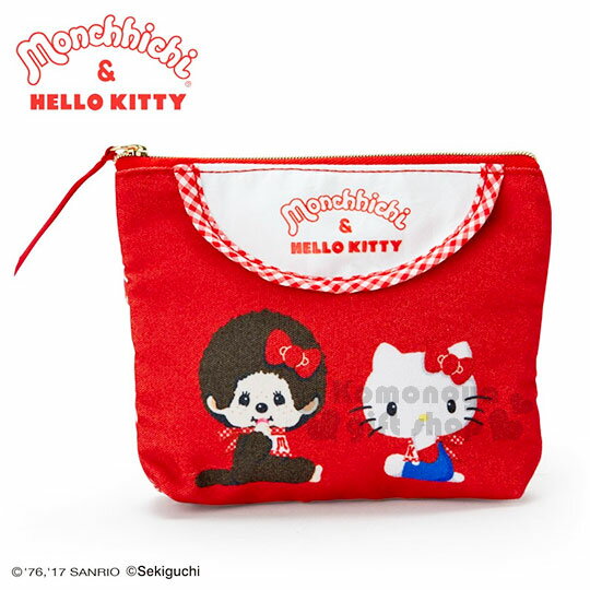 <br/><br/>  〔小禮堂〕Hello Kitty x Monchhichi 帆布面紙化妝包《紅.對坐.格紋》零錢包.化妝包<br/><br/>