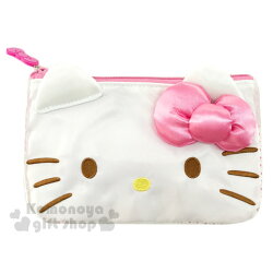 〔小禮堂﹞Hello Kitty 造型扁平筆袋《粉白.大臉造型.緞面蝴蝶結》化妝包
