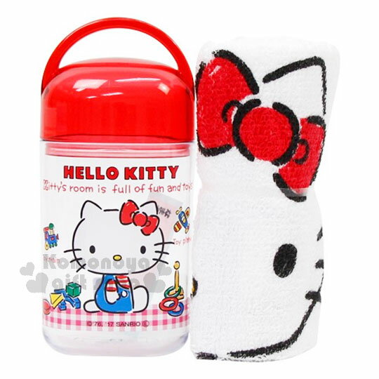 小禮堂 Hello Kitty 方形毛巾附罐《紅白格.經典藍吊帶褲.小熊.玩具.32x28cm》隨身攜帶方便
