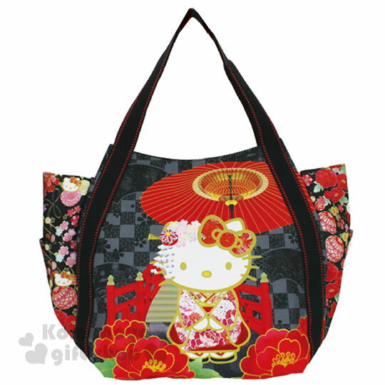 小禮堂 Hello Kitty 帆布托特包《L.黑紅.和風.太鼓橋.牡丹花.和服》手提包.肩揹包.外出包