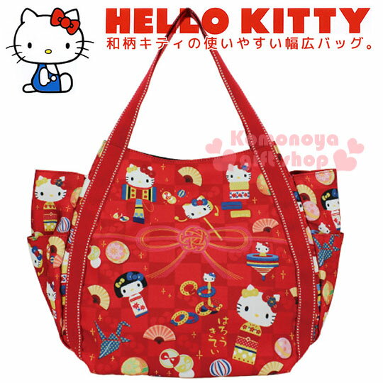 小禮堂 Hello Kitty 帆布托特包《L.紅格.和風.陀螺.綵球》手提包.肩揹包.外出包