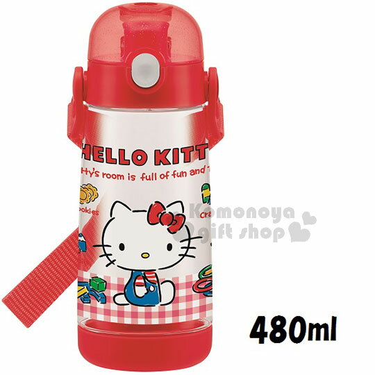 小禮堂 Hello Kitty 直飲式水壺《480ml.紅透明.格紋.坐姿》附背帶
