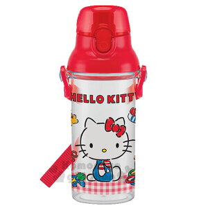 特價399↘小禮堂 Hello Kitty 日製直飲式水壺《紅透明.格紋.套圈圈》480ml.附背帶