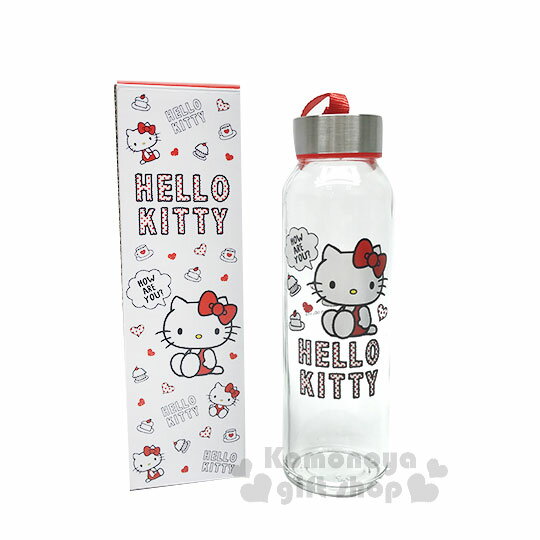 〔小禮堂〕Hello Kitty 玻璃水壺《透明.側坐.蛋糕》容量300ml.耐熱玻璃.水瓶.隨身瓶