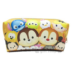 〔小禮堂﹞迪士尼 Tsum Tsum 皮質拉鍊筆袋《黃棕.奇奇蒂蒂.滿版》鉛筆盒.化妝包.萬用包