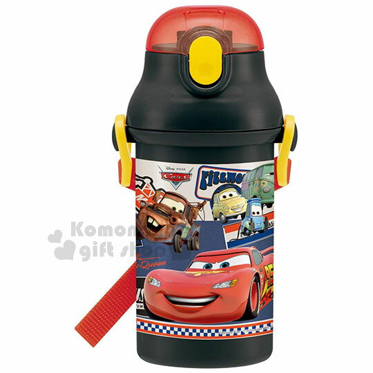 小禮堂 迪士尼 Cars 閃電麥坤 日製彈跳吸管水壺《黑紅.95》400ml.附背繩