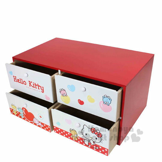 〔小禮堂〕Hello Kitty 橫式四抽收納櫃《紅白.小熊.點點》抽屜盒.木製櫃
