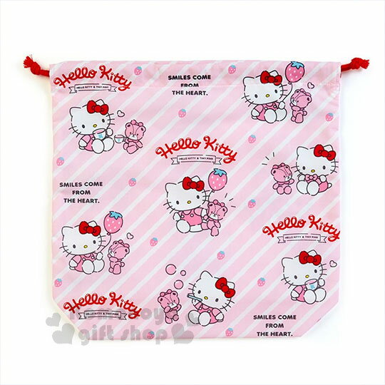 〔小禮堂〕Hello Kitty 日製束口袋《XL.粉條紋.小熊.滿版》收納袋