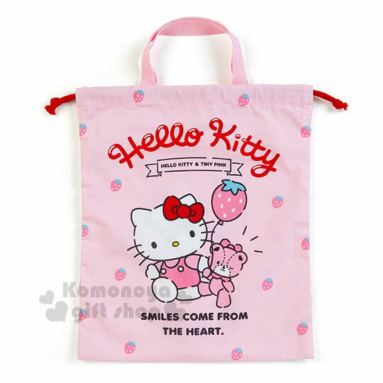 〔小禮堂〕Hello Kitty 日製棉質束口提袋《粉.草莓.小熊》手提袋.縮口袋