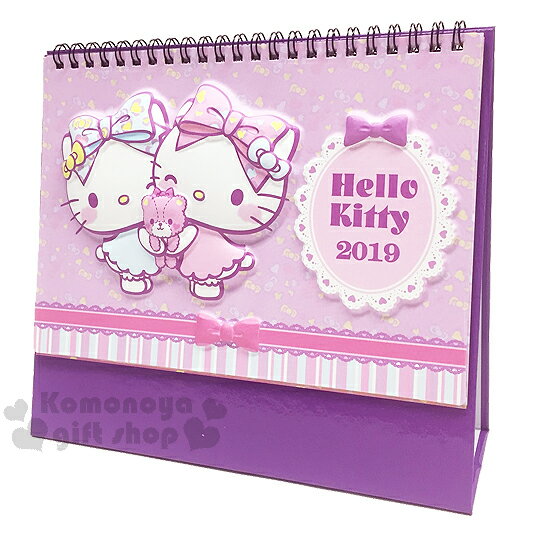 〔小禮堂〕Hello Kitty 2019 立體封面線圈式桌曆《L.紫.抱小熊》月曆.日曆.行事曆