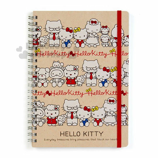 〔小禮堂〕Hello Kitty 日製線圈束帶筆記本《A5.棕》記事本.歡樂一家親系列