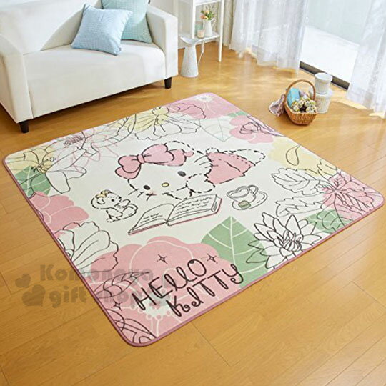 〔小禮堂〕Hello Kitty 正方型地墊附收納袋《米.看書》185x185cm.腳踏墊.地毯