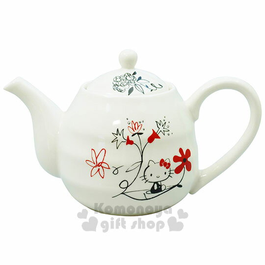 小禮堂 Hello Kitty 日製陶瓷茶壺《白.紅花》咖啡壺.精緻盒裝.金正陶器