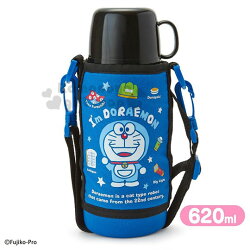 〔小禮堂〕哆啦A夢 兩用不鏽鋼保溫瓶附水壺袋《藍黑.站姿》670ml.水壺.水瓶