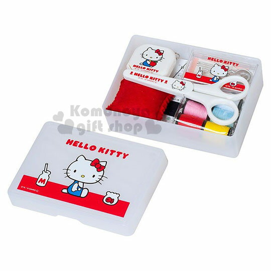 〔小禮堂〕Hello Kitty 日製針線用品盒《白紅.側坐》縫紉用品.針線包