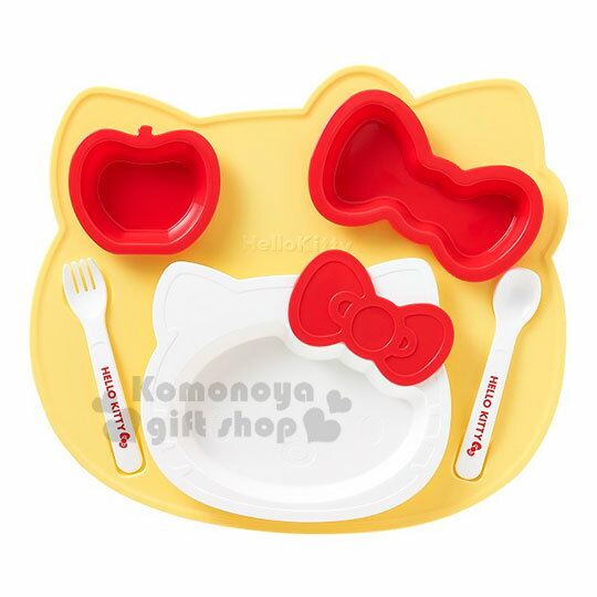 小禮堂 Hello Kitty 兒童造型塑膠六件式餐具組《黃紅.大臉》餐盤.叉匙.環保餐具.兒童餐具